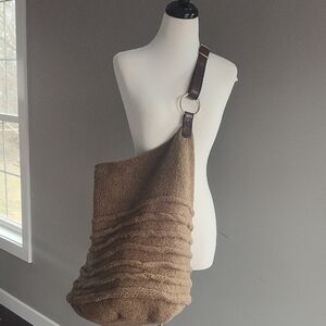 Wool Textured ExtTan Shoulder Bag With Adjustable Leather Handles Gold Hardware